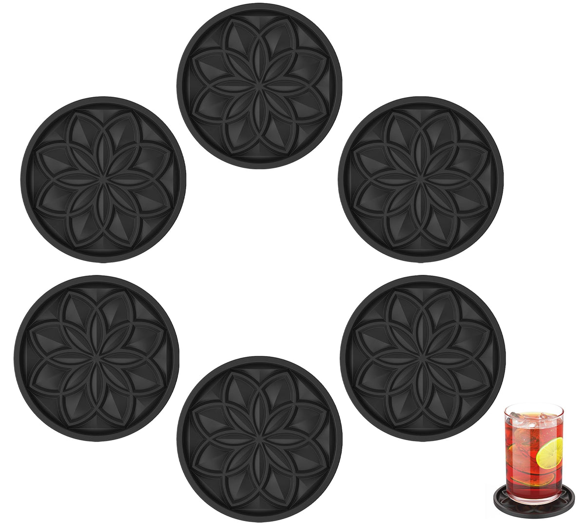 HFHOME Silicone Coasters Set with Holder - 6 Pack Drink Coasters for Coffee Table, Bar, Desk - Tabletop Protection Gift - Black