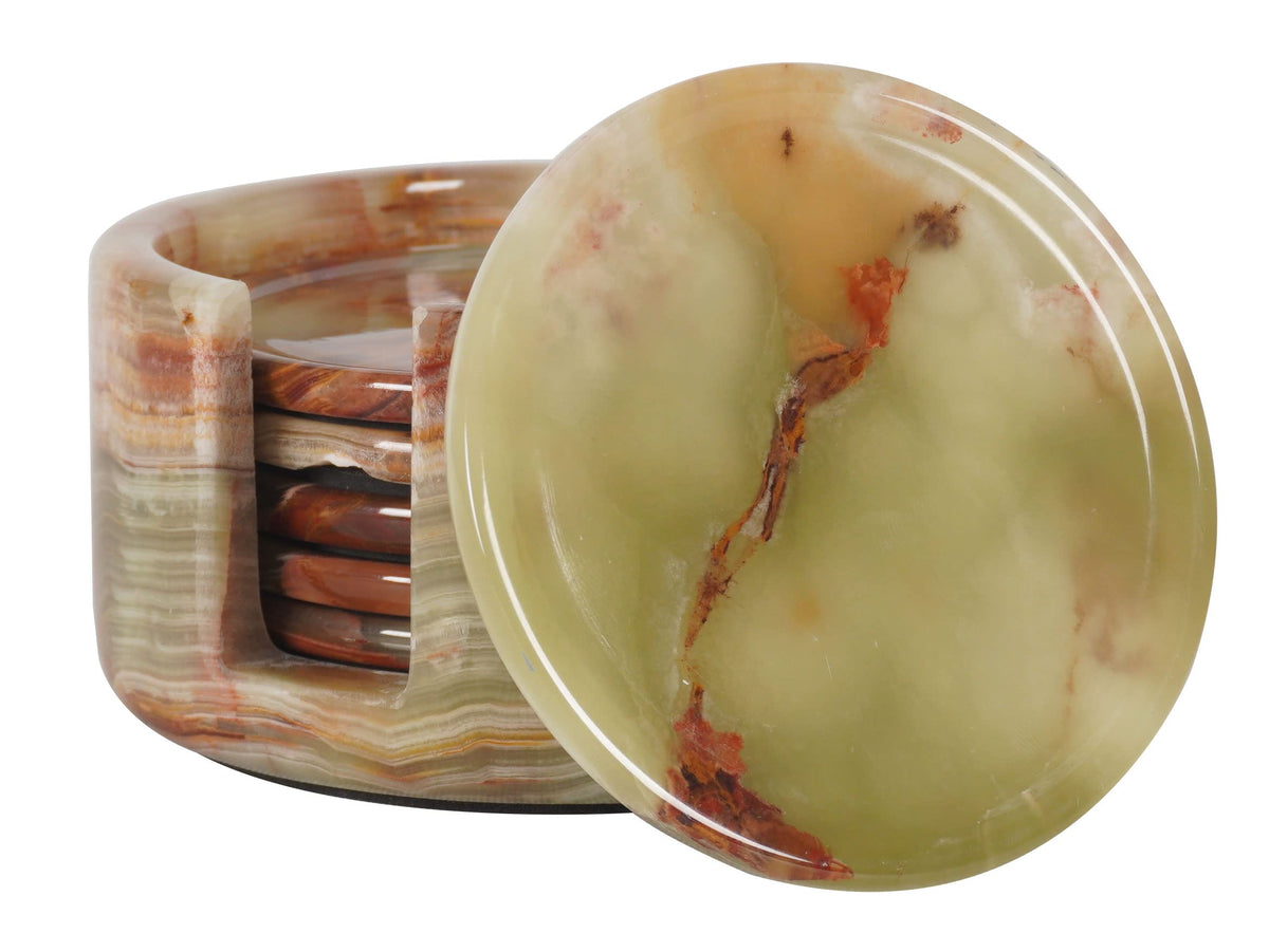 Radicaln Round Marble Coasters Set of 6 with Holder - Green Onyx Stone 3.5"