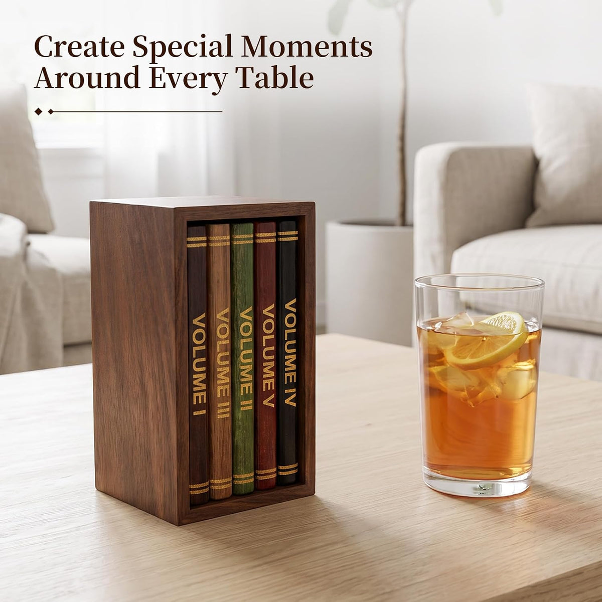 Wooden Coaster Set with Stand, 5 Pack Acacia Wood Drink Coasters for Coffee Table Decor, Decorative Book Style Coasters with Holder, Unique Home Bar Accessories, Housewarming Gift for Coffee Lovers