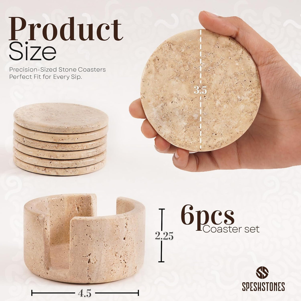 Travertine Coasters Set of 6 with Holder Round 3.5 Inch