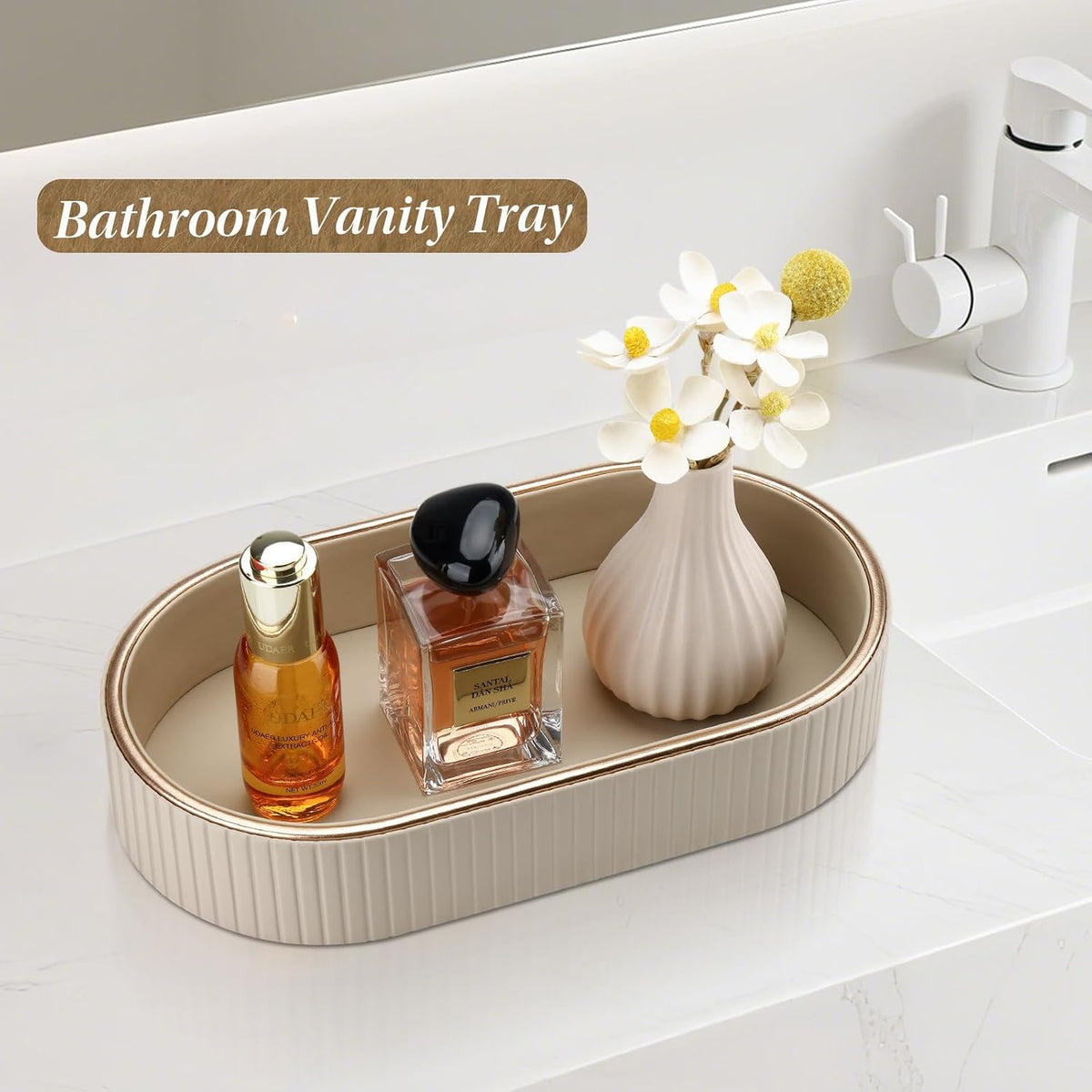 GORESE PU Leather Perfume Tray Nightstand Organizer, Small Oval Desk Tray Jewelry Trinket Trays Valet Organizer Key Bowl for Entryway Dresser Bathroom, Catchall Trays for Men Women, 11×5.9 in, Beige