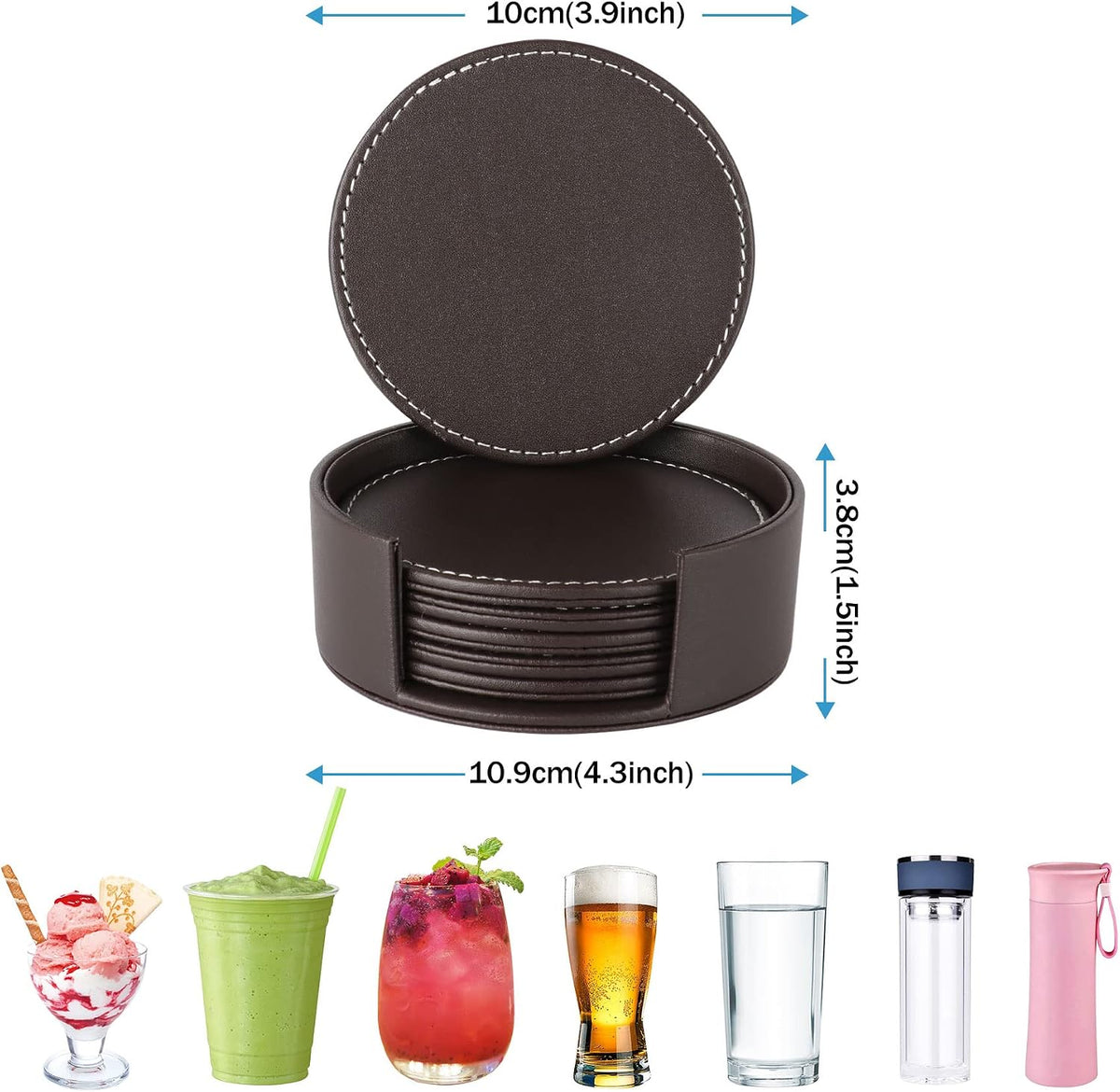 Set of 6 Round Leather Coasters for Drinks with Holder, 4" (Brown)