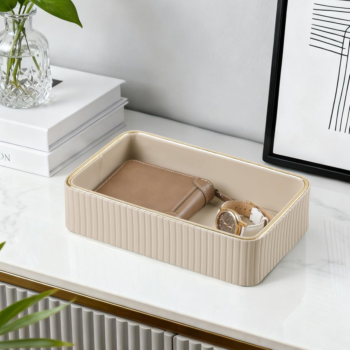 Desk Organizer Tray, PU Leather Nightstand Organizer, Beige, Small
