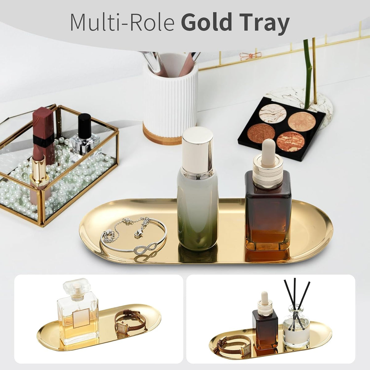 3 Pack Gold Trays for Decor, Stainless Steel Decorative Tray, Gold