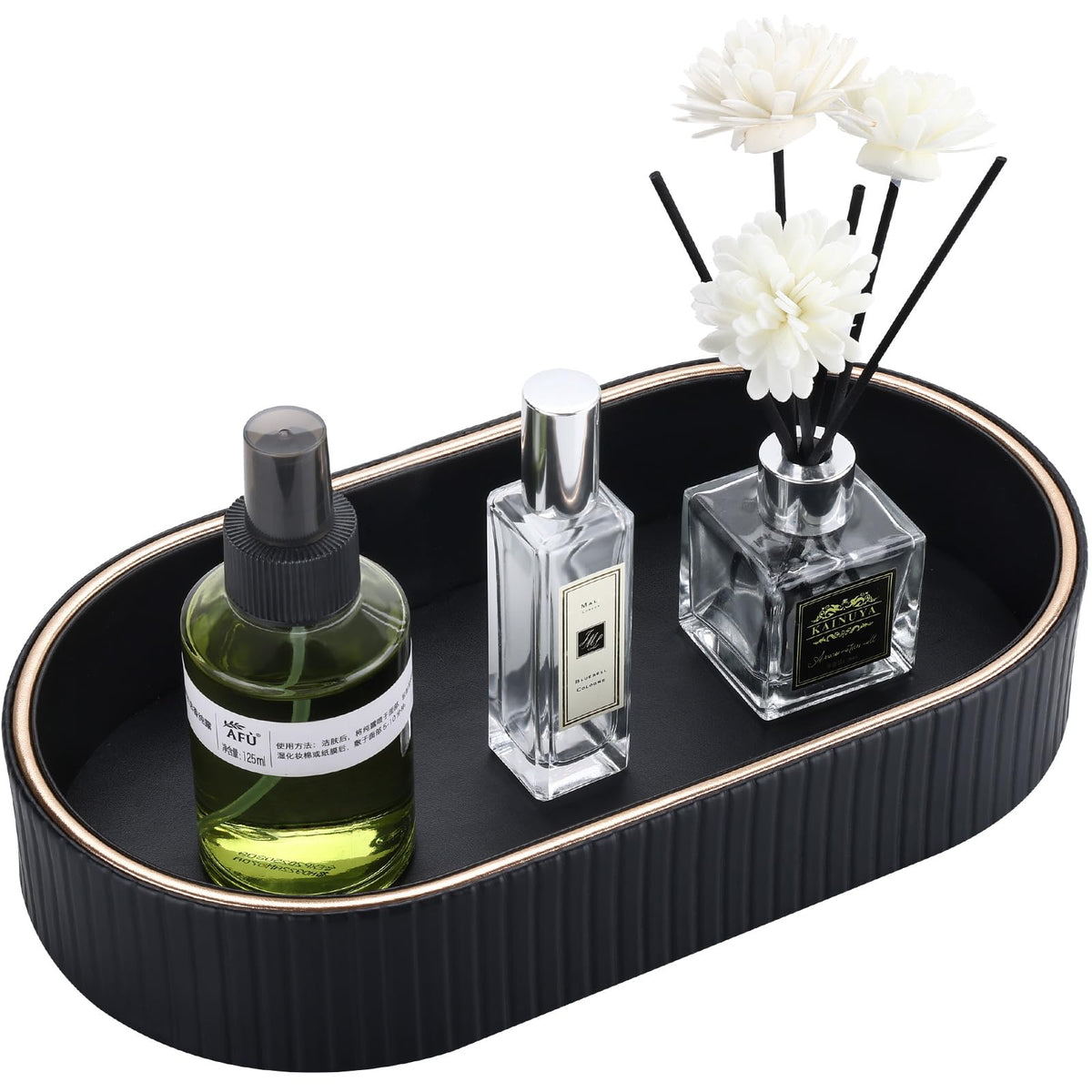 GORESE PU Leather Perfume Tray Nightstand Organizer, Small Oval Desk Tray Jewelry Trinket Trays Valet Organizer Key Bowl for Entryway Dresser Bathroom, Catchall Trays for Men Women, 11×5.9 in, Beige