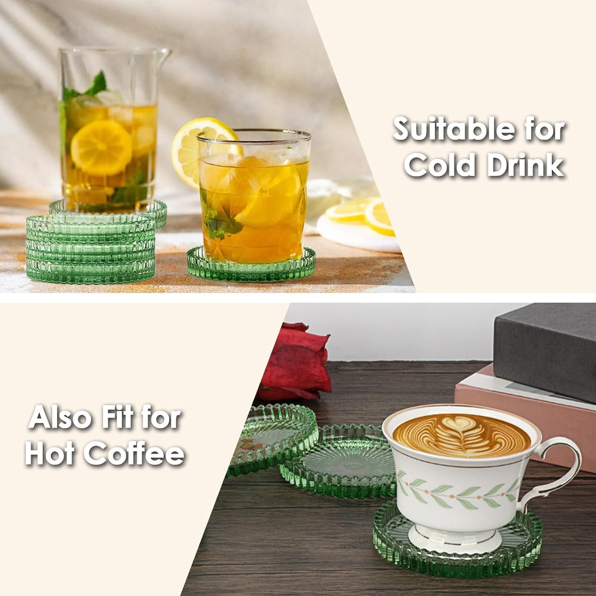 Modern Clear Coaster Set of 5- Glass Coasters for Drinks, Clear Green