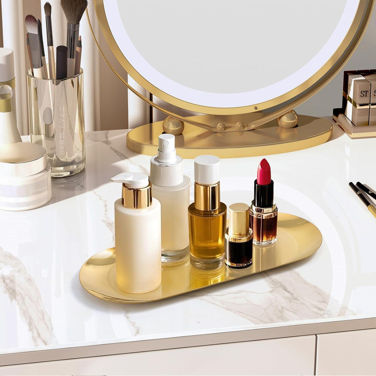 Gold Decorative Tray, 2 PCS Bathroom Vanity Tray for Dresser Counter, Elegant Jewelry Dish Tray for Decor, Gold Platter Serving Tray Organizer for Perfume Trinket Key Candle, Stainless Steel, Oval