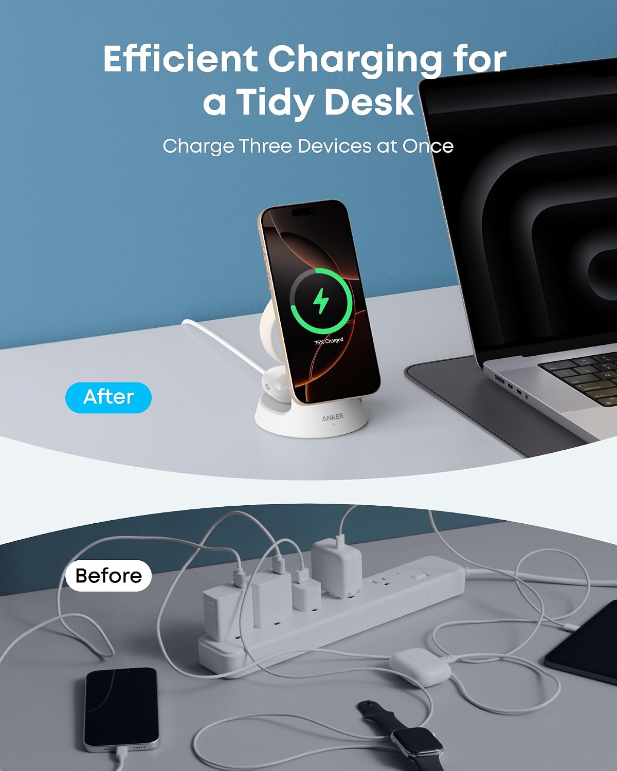 Anker MagSafe Charger Compatible, MagGo 3-in-1 Qi2 15W Charging Station