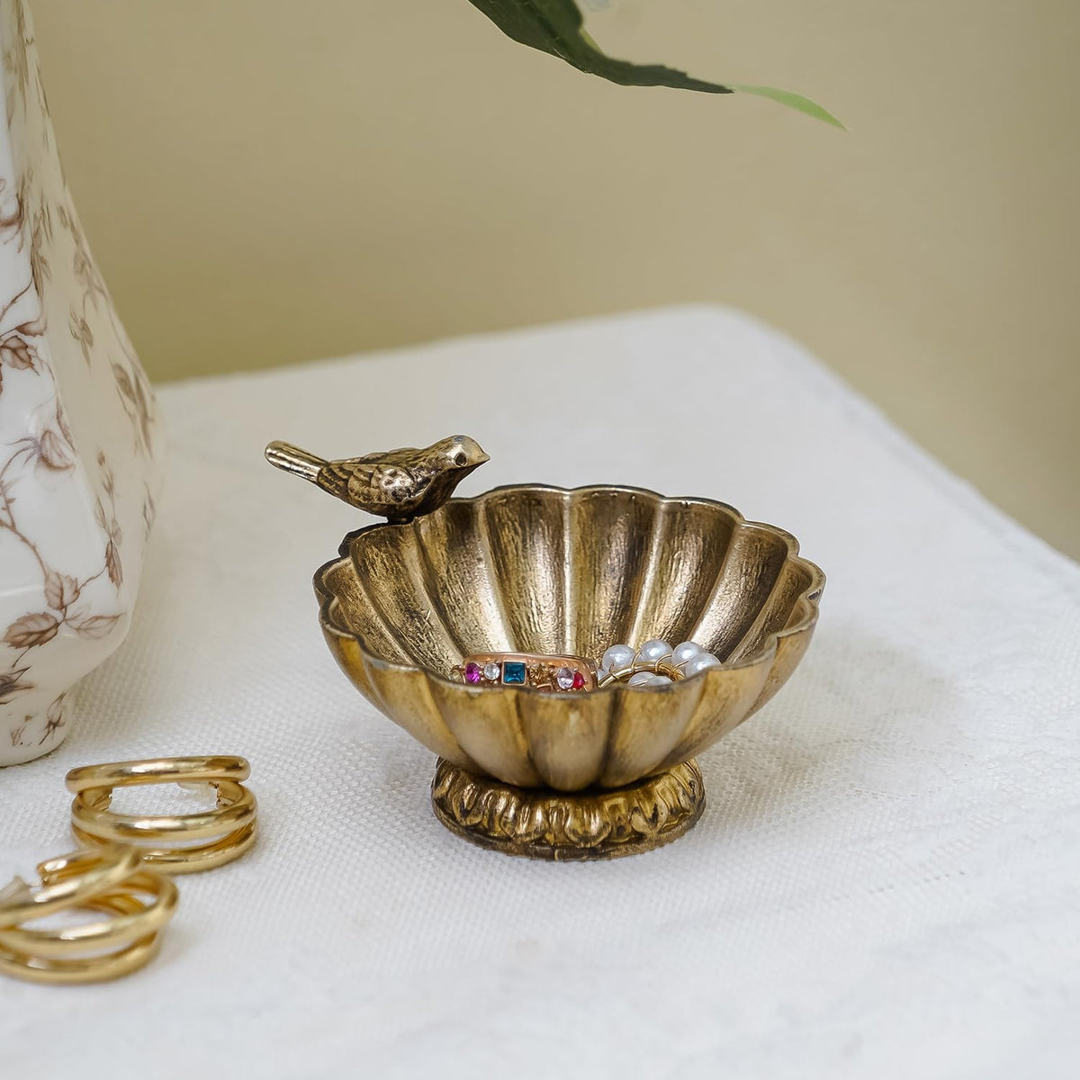 NIKKY HOME Vintage Gold Bird Jewelry Bowl, Small Metal Ring Trinket Dish