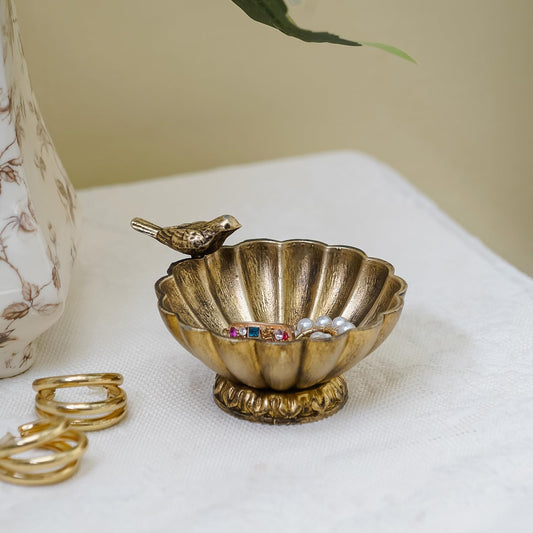 NIKKY HOME Vintage Gold Bird Jewelry Bowl, Small Metal Ring Trinket Dish