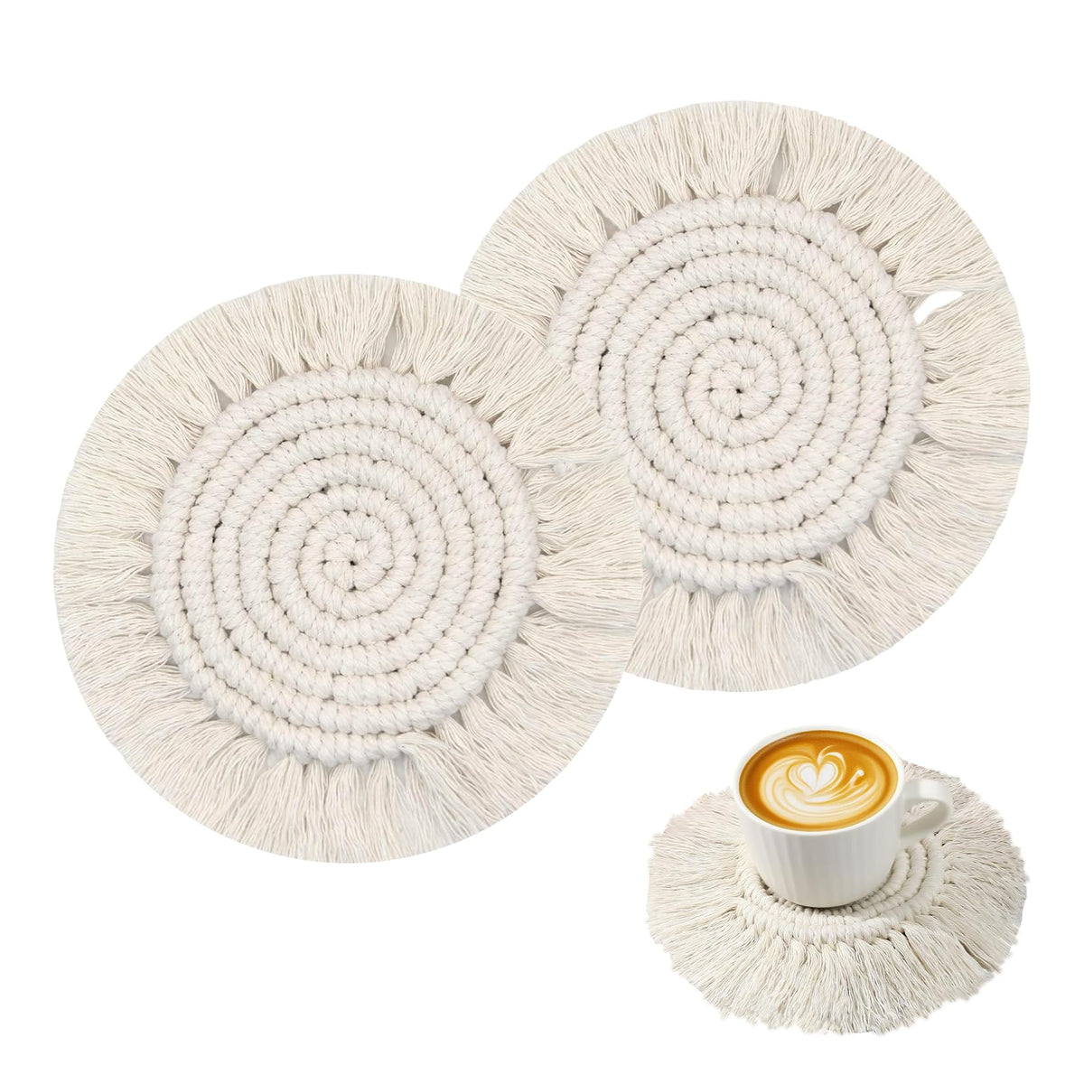 Desk Coasters Set of 4, Cute Coaster for Desk, Round Handmade Woven Coaster for Boho Home Decor, CupCoasters for Office Kitchen Dining Room Bar Farmhouse, Coasters Set for Drinks, Beer, Coffee