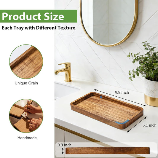Wooden Bathroom Vanity Tray, 9.9" Small Decorative Wood Trays
