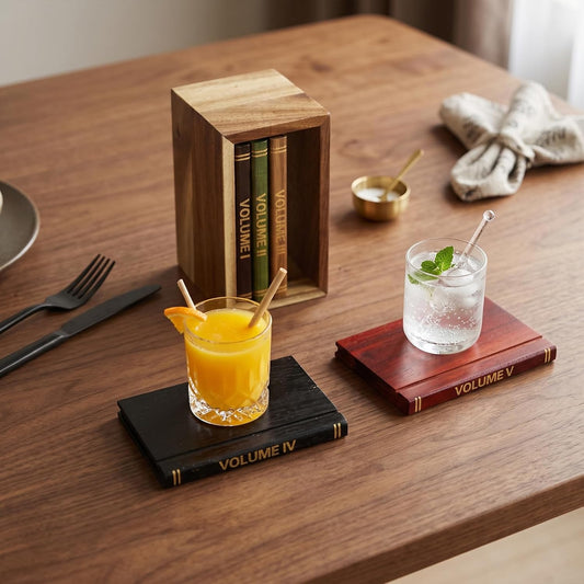 Wooden Coaster Set with Stand, 5 Pack Acacia Wood Drink Coasters for Coffee Table Decor, Decorative Book Style Coasters with Holder, Unique Home Bar Accessories, Housewarming Gift for Coffee Lovers
