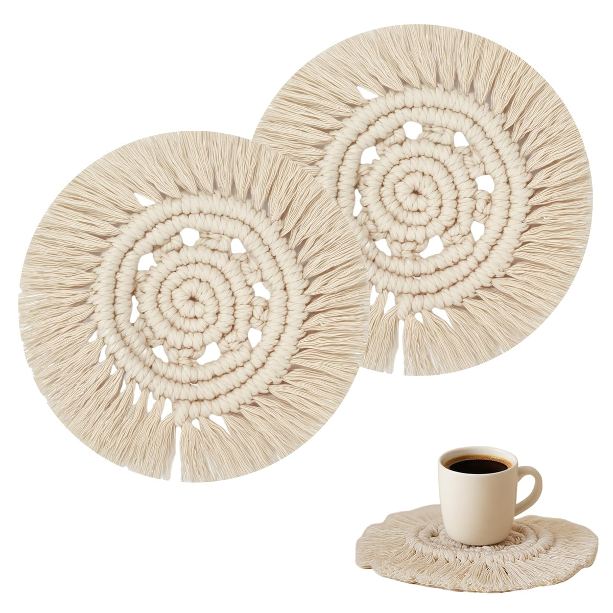 Desk Coasters Set of 4, Cute Coaster for Desk, Round Handmade Woven Coaster for Boho Home Decor, CupCoasters for Office Kitchen Dining Room Bar Farmhouse, Coasters Set for Drinks, Beer, Coffee