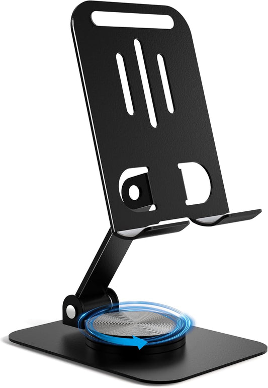 Metal Cell Phone Stand for Desk, Multi-Angel Adjustable 360° Rotation Non-Slip and Foldable Mobile Phone Stand, Compatible with iPhone 18/17 Series and All Smartphones, Black