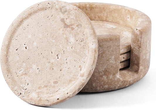 Travertine Coasters Set of 4 with Holder, Stone Drink Coaster