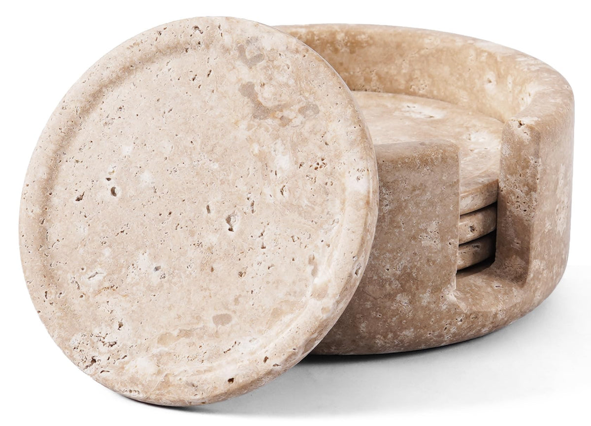 Travertine Coasters Set of 4 with Holder, Stone Drink Coaster
