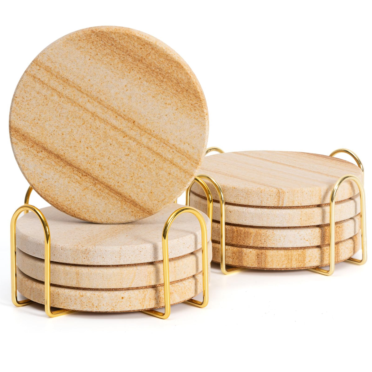 Absorbent Sandstone Drink Coasters Set of 6 with Holder, 4" Round