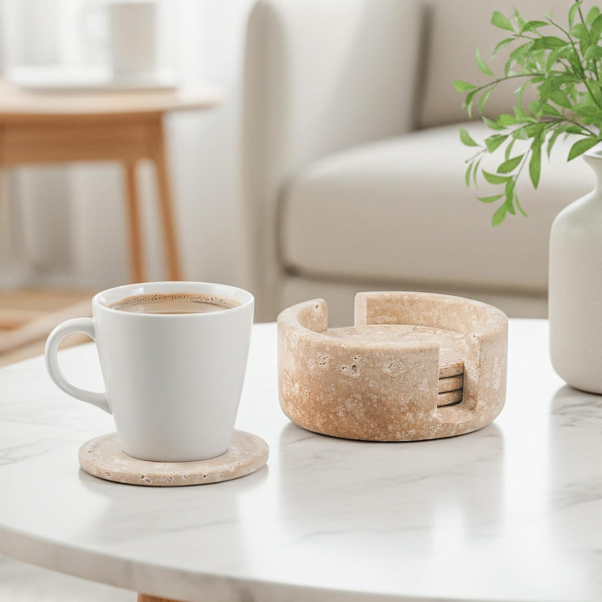 Travertine Coasters Set of 4 with Holder, Stone Drink Coaster
