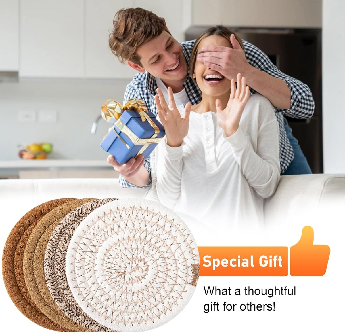 OIAHOMY 8 Pcs Coasters with Holder for Beer, Coffee, Woven Cotton Coaster Set for Table Decor for Kitchen, Bar, Dining Room, Living Room, Housewarming Gifts - Yellow