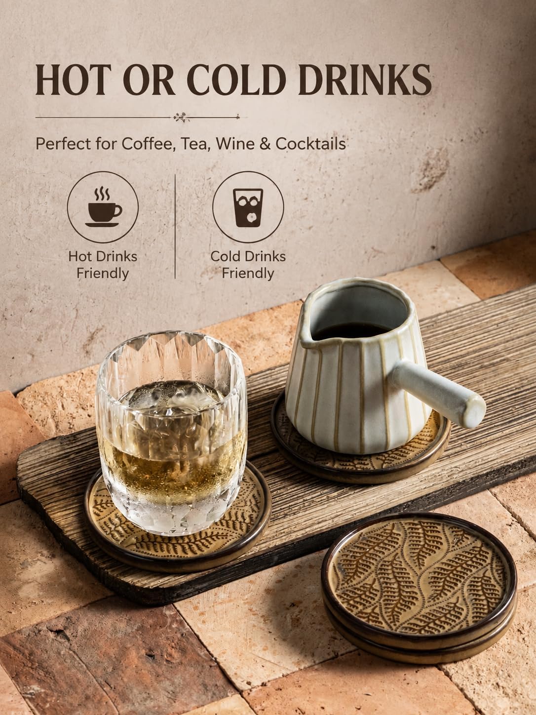 Ceramic Coasters Set of 6, Drink Coasters Coffee Table Decor, Brown