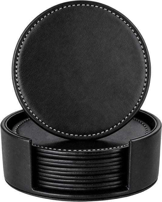 Set of 6 Round Leather Bar Coasters for Drinks with Holder (Black)
