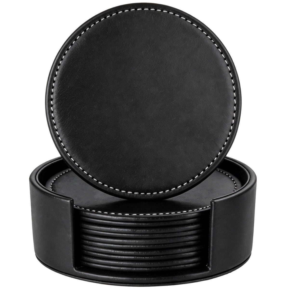 Set of 6 Round Leather Coasters for Drinks with Holder, 4" (Brown)