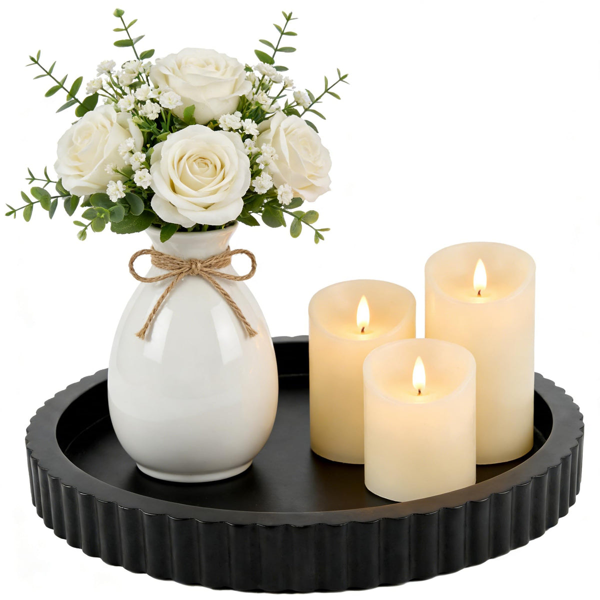 Modern Decorative Tray for Coffee Table, 11" Wooden Gray Beige Round Small Decor Tray for Candle, Perfume, Vanity, Kitchen Island Counter & Table Centerpiece