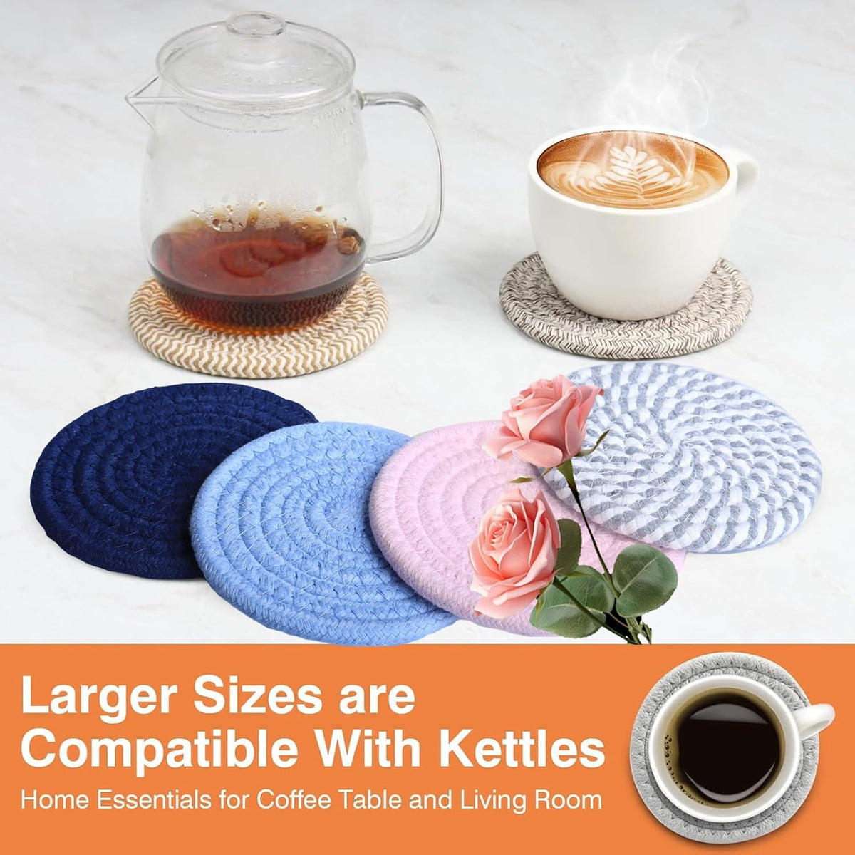 4.8" Drink Cotton Coasters Set of 2 - Large Absorbent Fabric Drink Pads for Coffee Mugs, Stylish Boho Cup Mats for Desk, Bedside Table, Plant Pots – Durable Minimalist Home Decor (Rich Blue, 2pack)