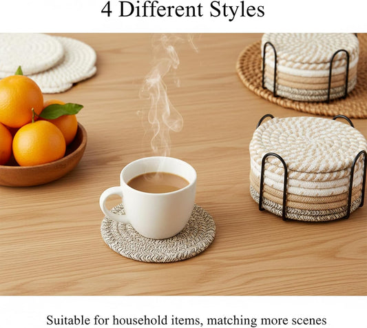 Drink Coasters Set of 8 with Holder, Cotton Woven