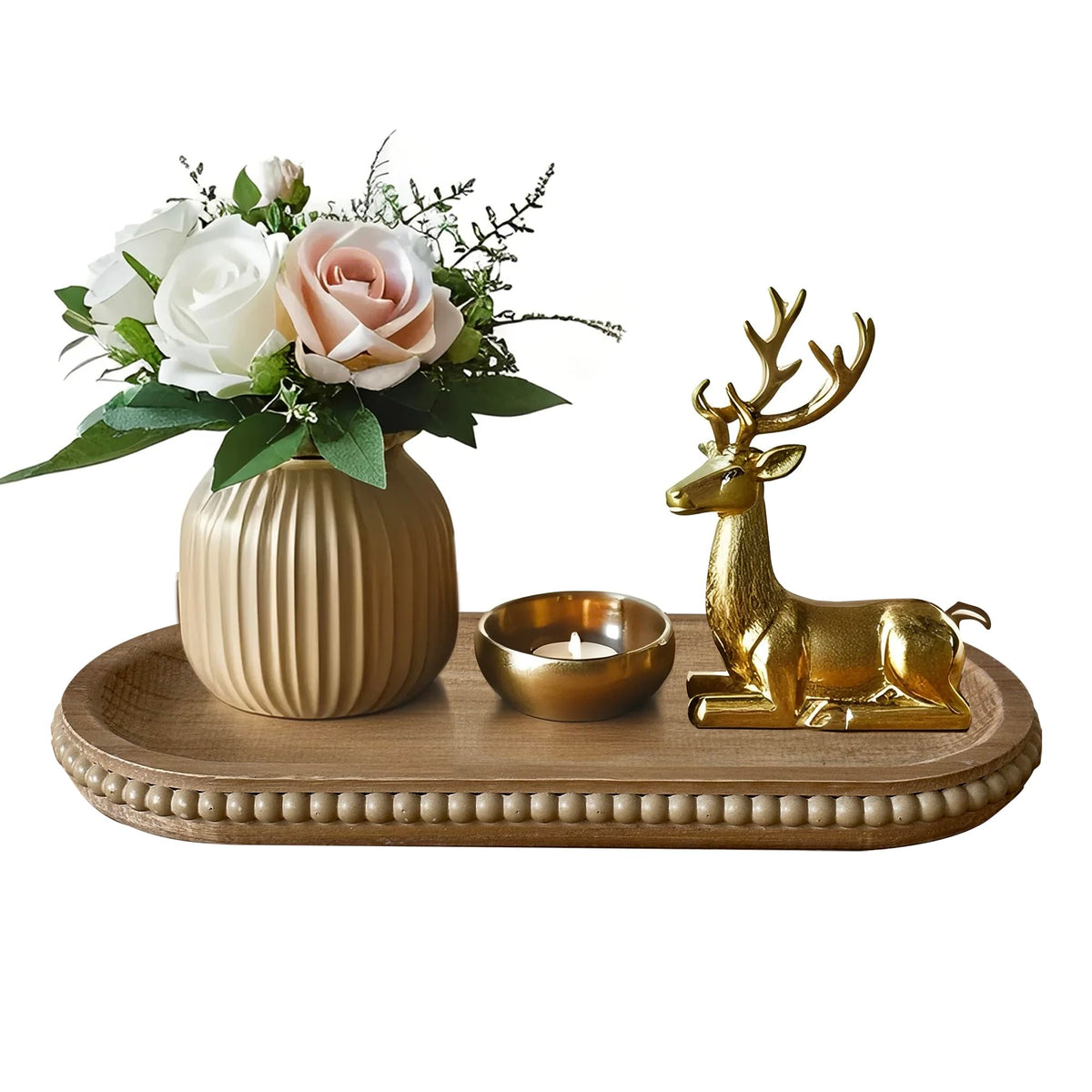 dwellington Wooden Farmhouse Decorative Tray, 11.8in Rustic Beaded Tray for Living Room Decor, Kitchen Table Décor, Oval Coffee Table Serving Tray (Natural)