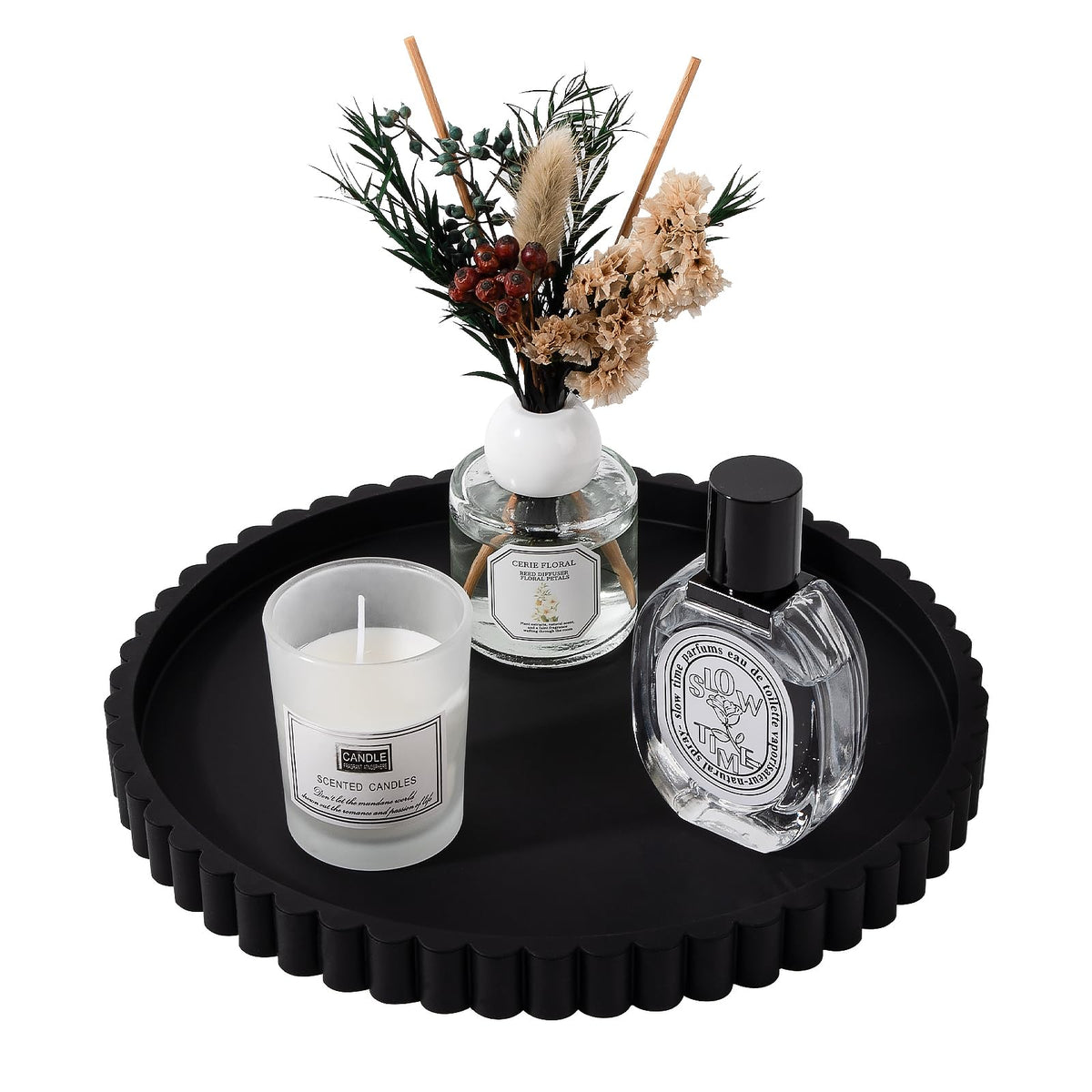 Round Bathroom Tray Perfume Organizer Coffee Table Decor, 9" Black