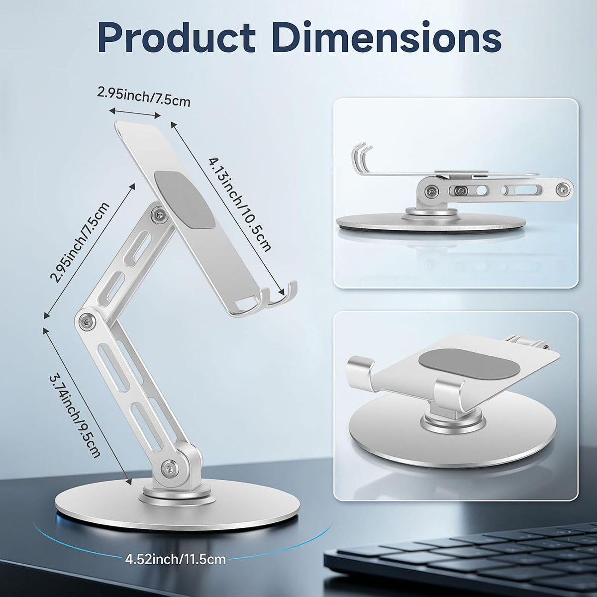 Adjustable Aluminum Phone Stand, 360° Rotating Desk Phone Holder for iPhone & iPad (4-11"), Weighted Metal Base for Stable Typing, Height Adjustable Foldable Cell Phone Stand for Office