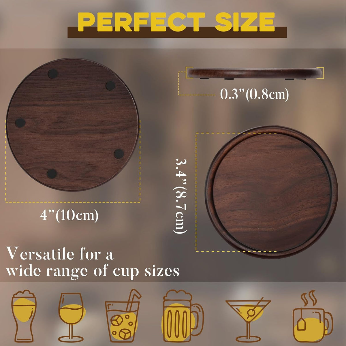 Wood Coasters Set of 8 with Metal Holder, 100% Wooden Coasters for Drinks