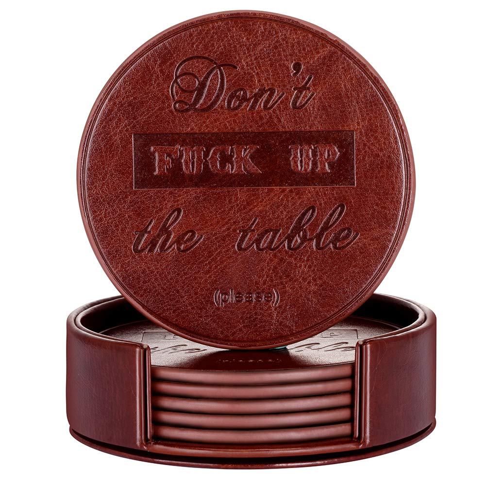 Funny Coasters, Thipoten 6 Pcs Leather Coasters with Holder, Perfect Housewarming Hostess Gifts, Protect Furniture from Water Marks Scratch and Damage(6Pcs, Black)