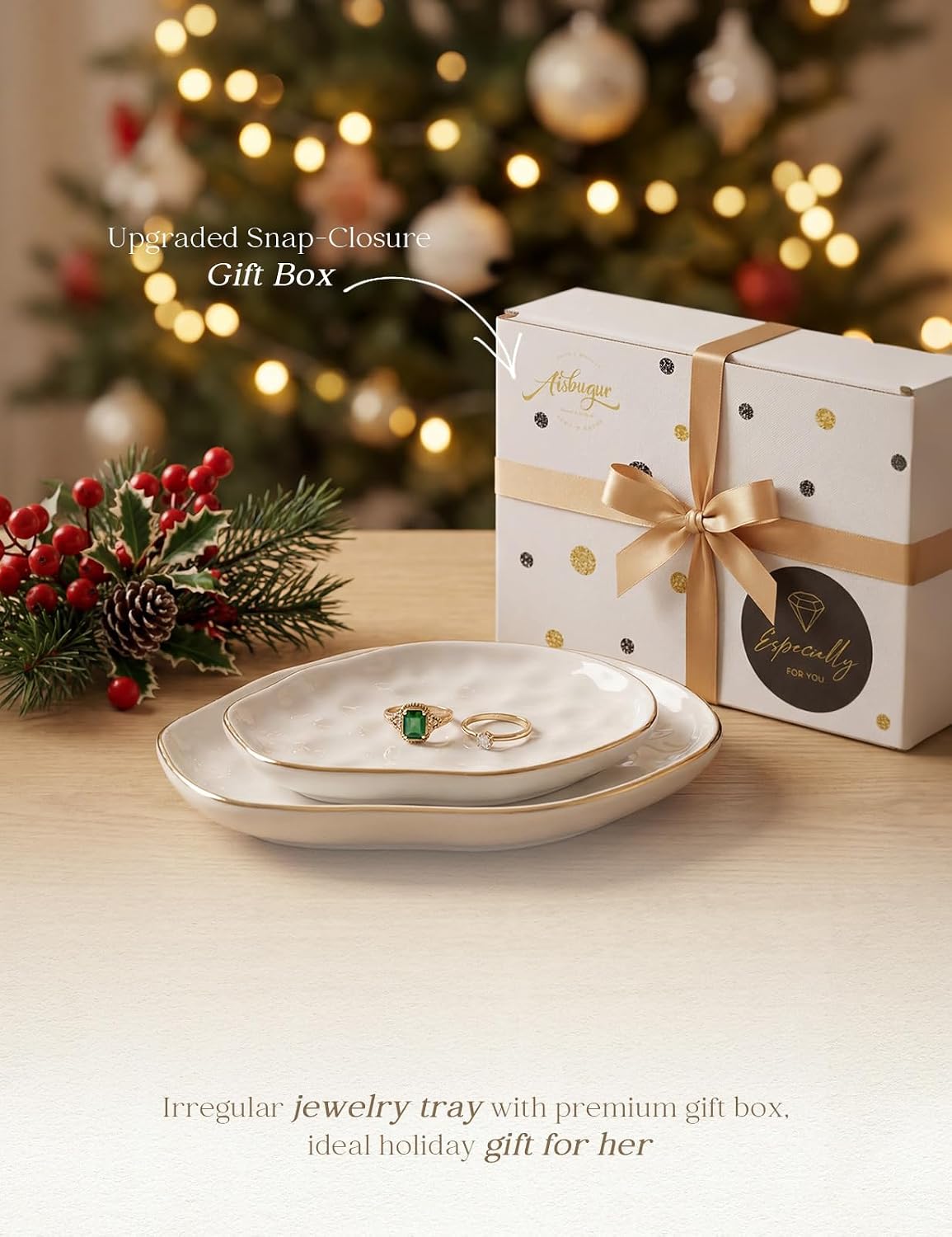 AISBUGUR Jewelry Dish Set of 2, Large Jewelry Tray for More Jewelry Ring Dish Jewelry Bowl with Beautiful Package and Greeting Card Perfect for Birthday Gifts for Women