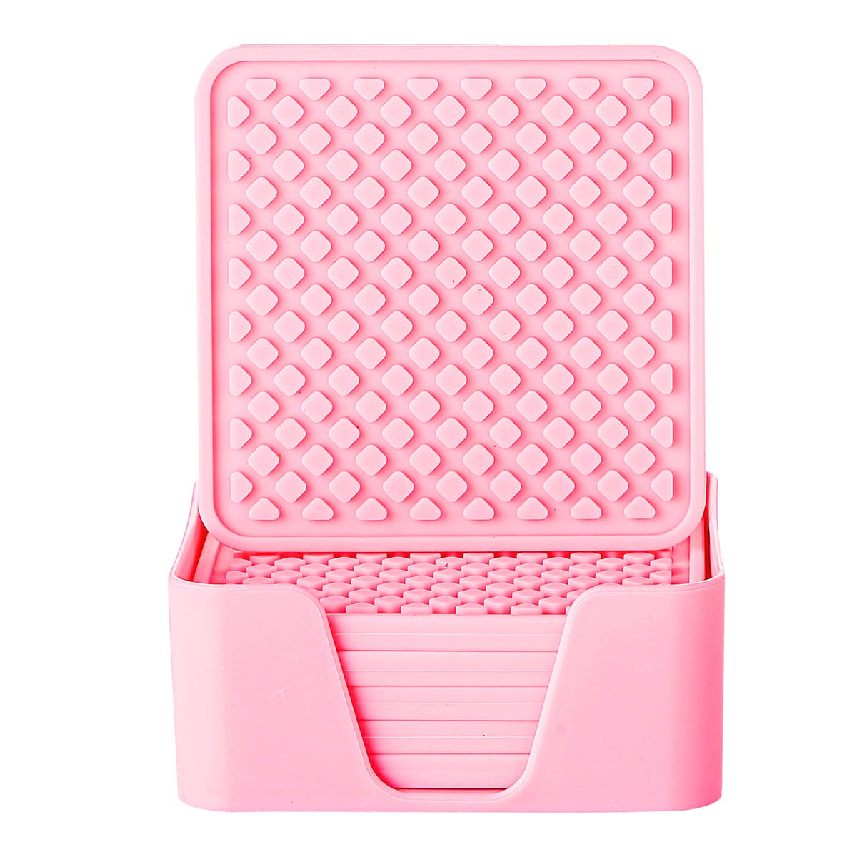 Colinda Silicone Drink Coasters with Holder, Set of 6, for Tabletop Protection and Office Desk, Cup Mat Set for Home Decor, Non-Slip and Non-Stick,Square, 4 Inch,Pink