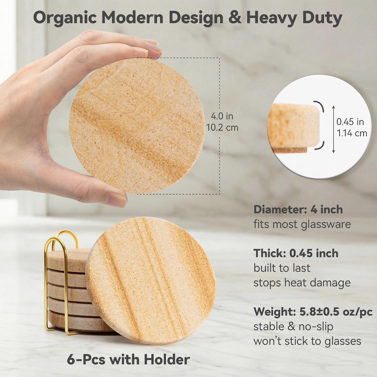 Absorbent Sandstone Drink Coasters Set of 6 with Holder, 4" Round