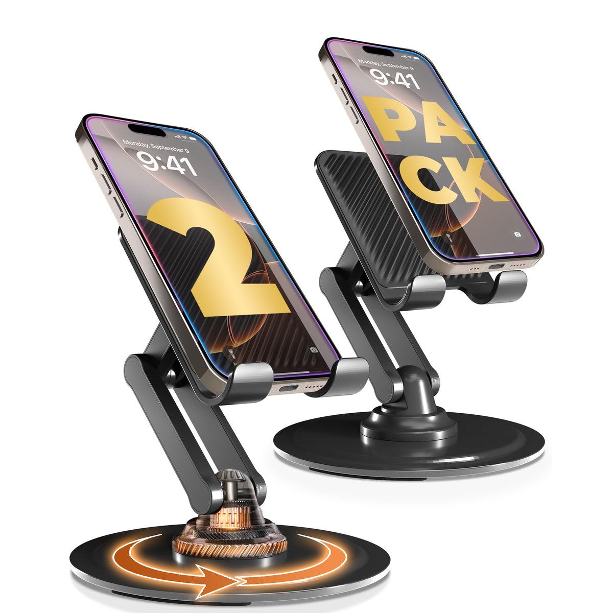 COOPER 360° Stand, Rotating Cell Phone Stand for Desk | Sturdy Metal Base, Foldable, Portable | Cell Phone Holder for Desk (Piano Black)