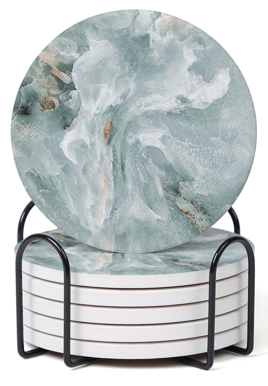 Set of 6 Abstract Blue Marble Coasters with Holder, Absorbent Ceramic Coasters for Drinks, Coasters with Cork Backing for Table Protection, Housewarming Gifts for New Home