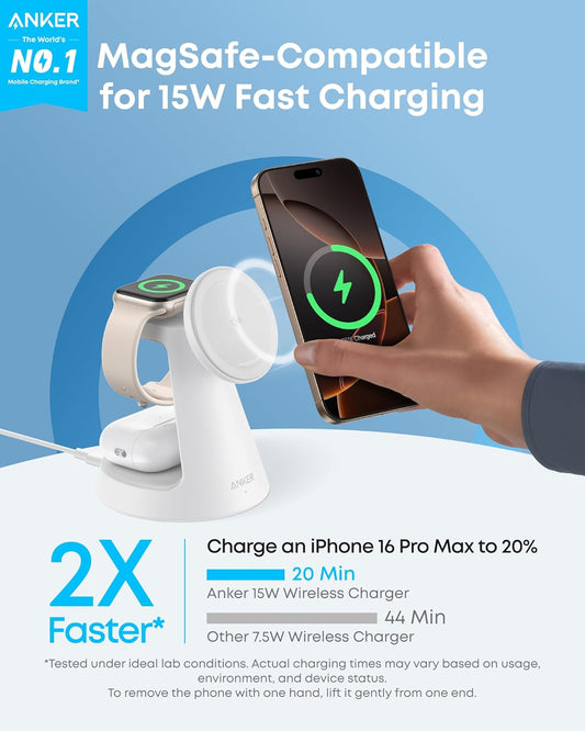 Anker MagSafe Charger Compatible, MagGo 3-in-1 Qi2 15W Charging Station
