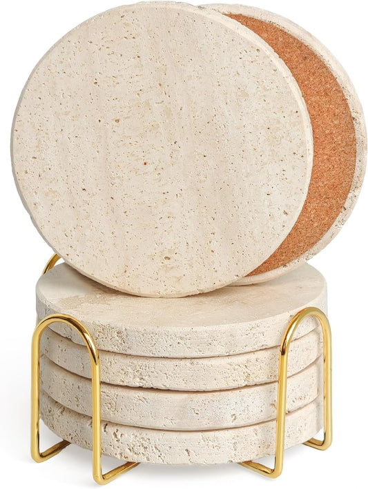 Natural Travertine Marble Coasters Set of 6-4" Round