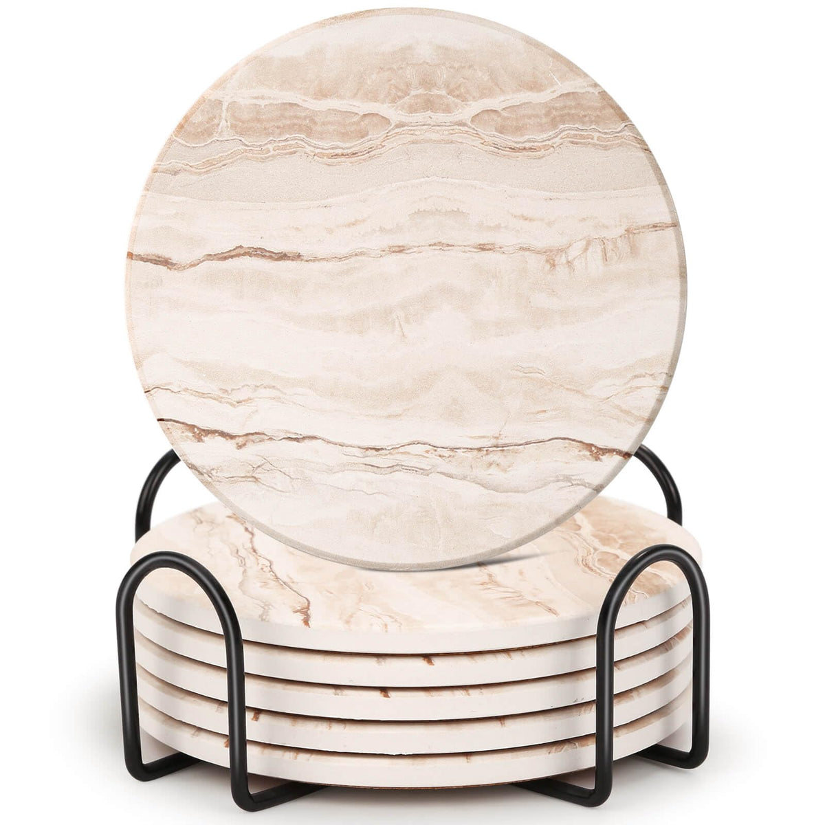 Acejoz Drink Coasters with Holder for Coffee Table, Absorbent Coasters Set of 6, Marble Style Ceramic Coaster for Wooden Table, Suitable for Kinds of Cups, Home Decor, 4 Inches(White)