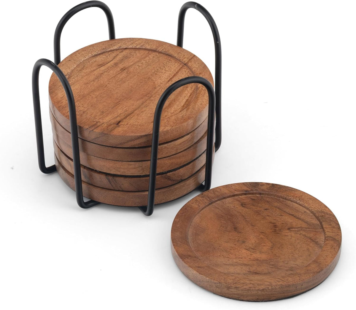 Acacia Wood Round Coasters Set of 6 with Holder – Absorbent Drink Coasters for Coffee & Dining Tables, Farmhouse Home Decor Bar Accessories, Housewarming Gift