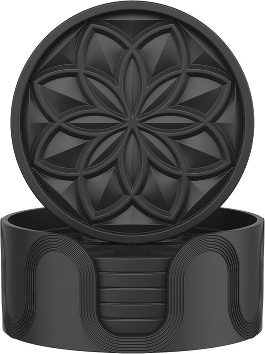 HFHOME Silicone Coasters Set with Holder - 6 Pack Drink Coasters for Coffee Table, Bar, Desk - Tabletop Protection Gift - Black