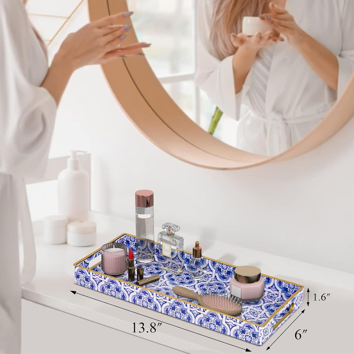 MAONAME Blue Decorative Tray with Handles, Rectangular Moroccan Narrow Tray