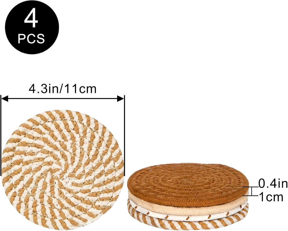 Desk Coasters Set of 4, Cute Coaster for Desk, Round Handmade Woven Coaster for Boho Home Decor, CupCoasters for Office Kitchen Dining Room Bar Farmhouse, Coasters Set for Drinks, Beer, Coffee