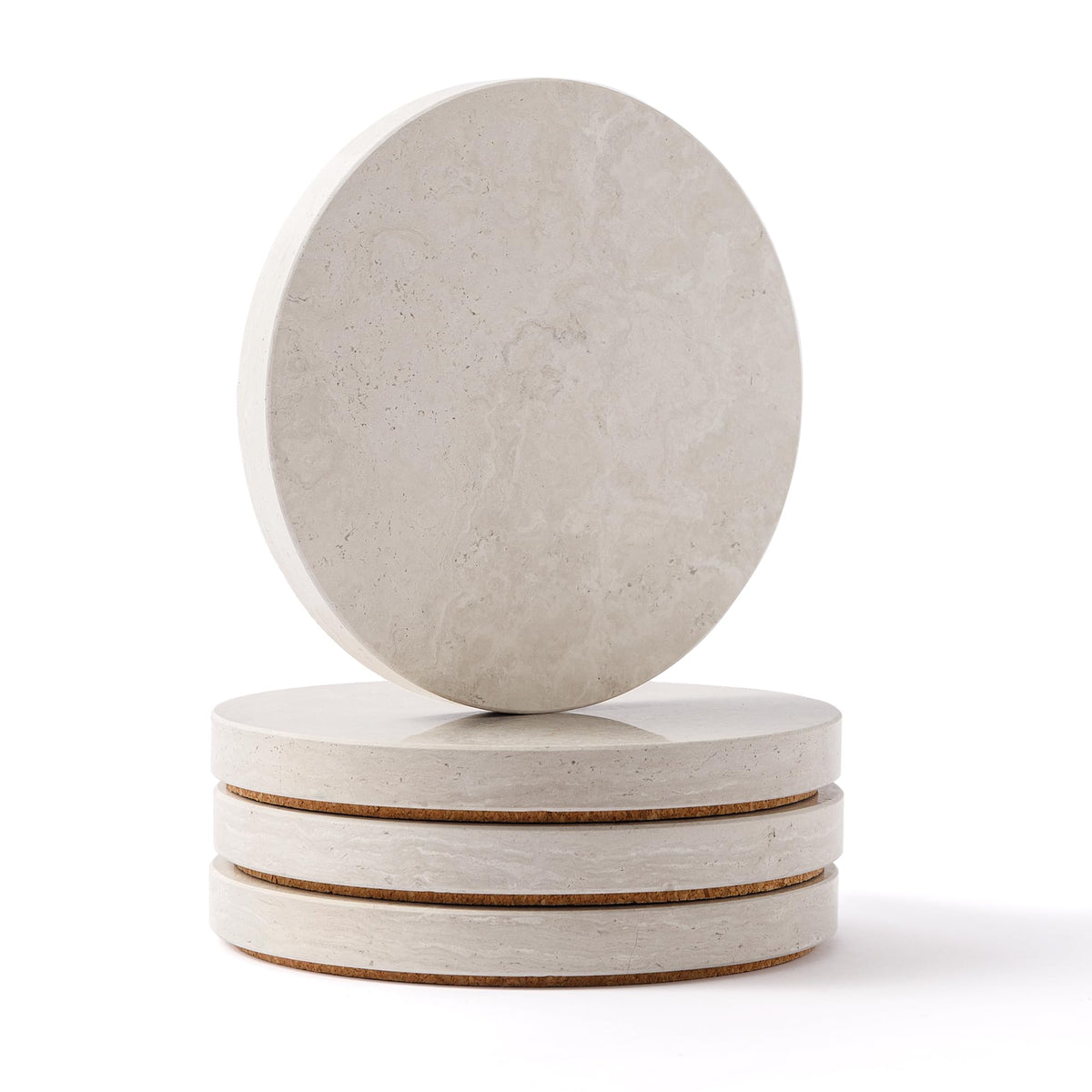 Natural Travertine Marble Coasters Set of 4-4" Round Stone Drink Coasters, Non-Slip Cork Backing, Housewarming Gift, Wedding, Protect Tables from Stains & Scratches (BD140)