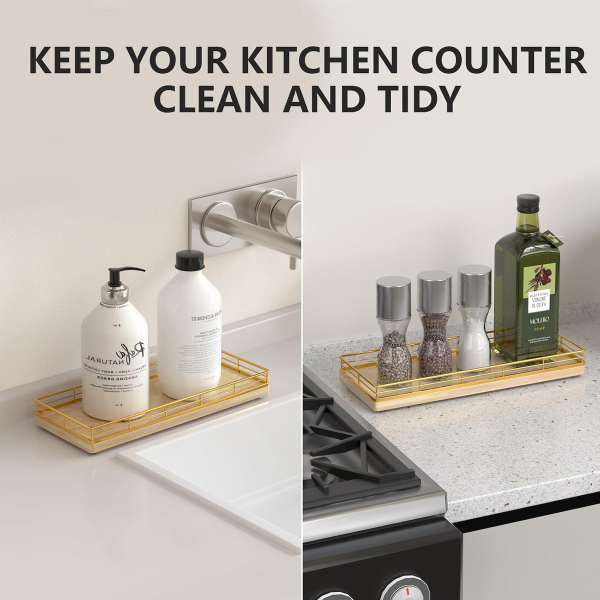 Bathroom Tray for Counter Top Organizer, Oak Wood Vanity Tray