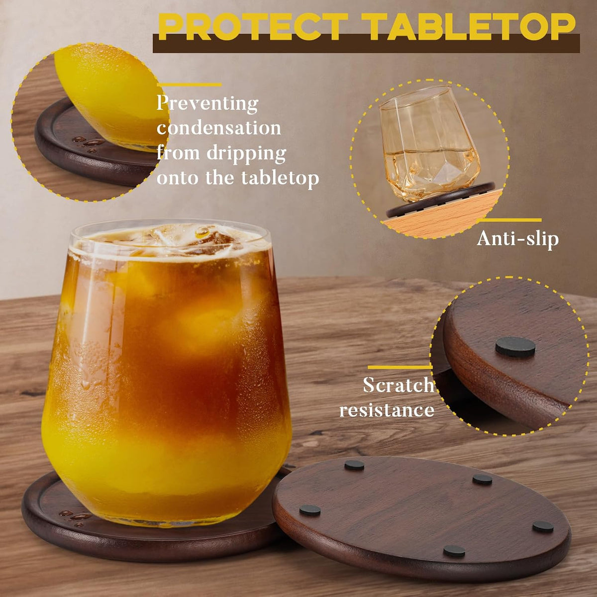 Wood Coasters Set of 8 with Metal Holder, 100% Wooden Coasters for Drinks